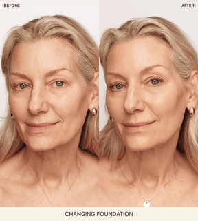 Changing Foundation before and after comparison on a mature woman showing concealed redness and an even, natural finish.