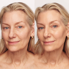 Changing Foundation before and after comparison demonstrating an even, radiant complexion and lengthened lashes.