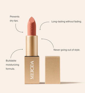 Velvet Dream Lipstick in Perfect Nude in a gold tube highlighting its long-lasting, buildable moisturising formula.