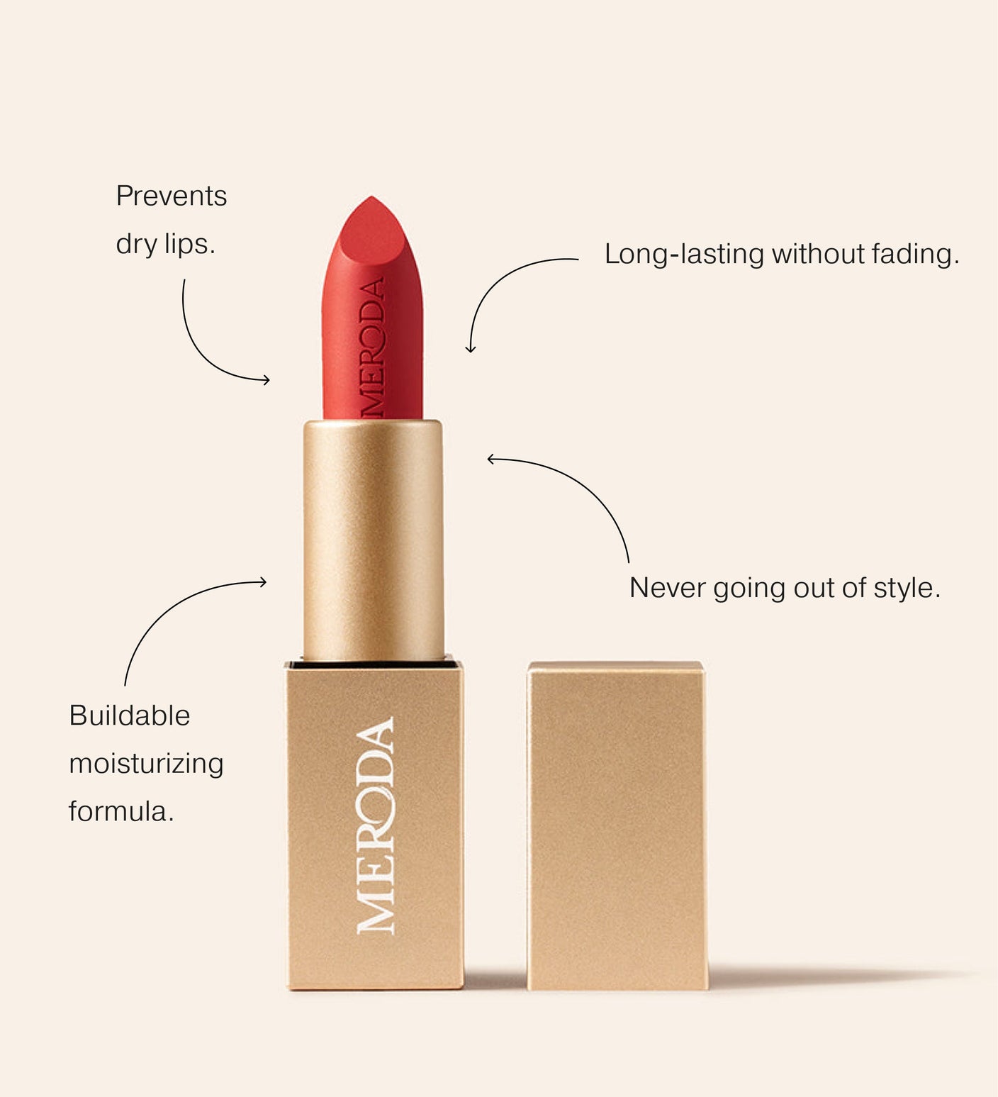 Red Hydrating Lip Tint in a gold case with text detailing its long-lasting and moisturising formula.