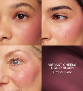 Vibrant Cheeks Liquid Blush in Grape Galore applied on three skin tones for a radiant, dewy finish.