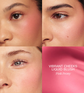 Vibrant Cheeks Liquid Blush in Pink Peony applied to three models showing a radiant, dewy pink finish.