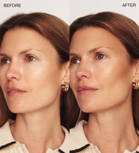 The Soft Tan Bronzer before and after comparison showing a natural sun-kissed glow from the All-in-One Bundle.
