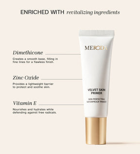 Velvet Skin Primer tube highlighting revitalising Dimethicone, Zinc Oxide and Vitamin E for a smooth finish.