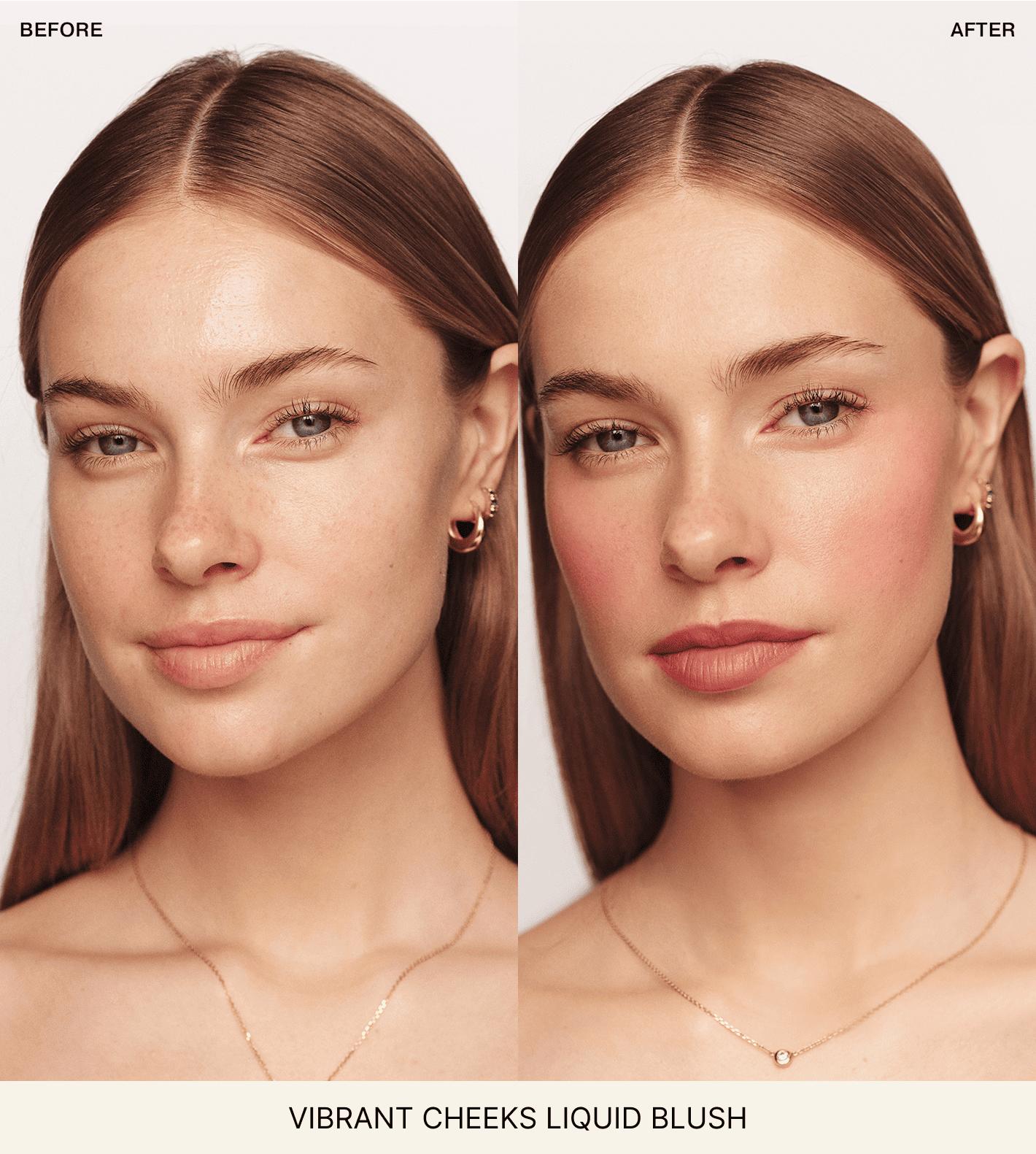 Vibrant Cheeks Liquid Blush before and after comparison showing a radiant, healthy glow on the model's face.