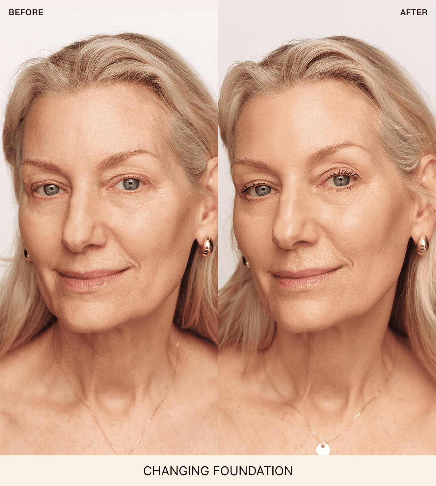 Changing Foundation before and after comparison on a mature woman showing concealed redness and an even, natural finish.