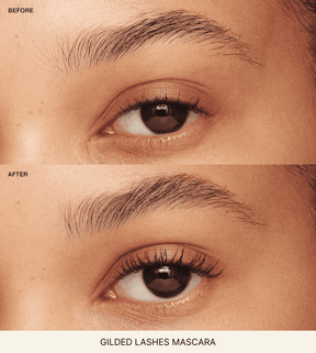 Gilded Lashes Mascara before and after comparison showing visibly lengthened and more voluminous lashes.