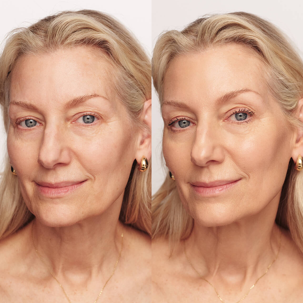Changing Foundation before and after comparison demonstrating an even, radiant complexion and lengthened lashes.