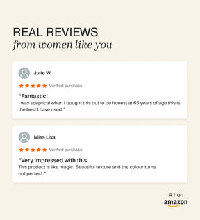Five-star Amazon reviews for Meroda Cosmetics Changing Foundation highlighting its perfect colour and texture.