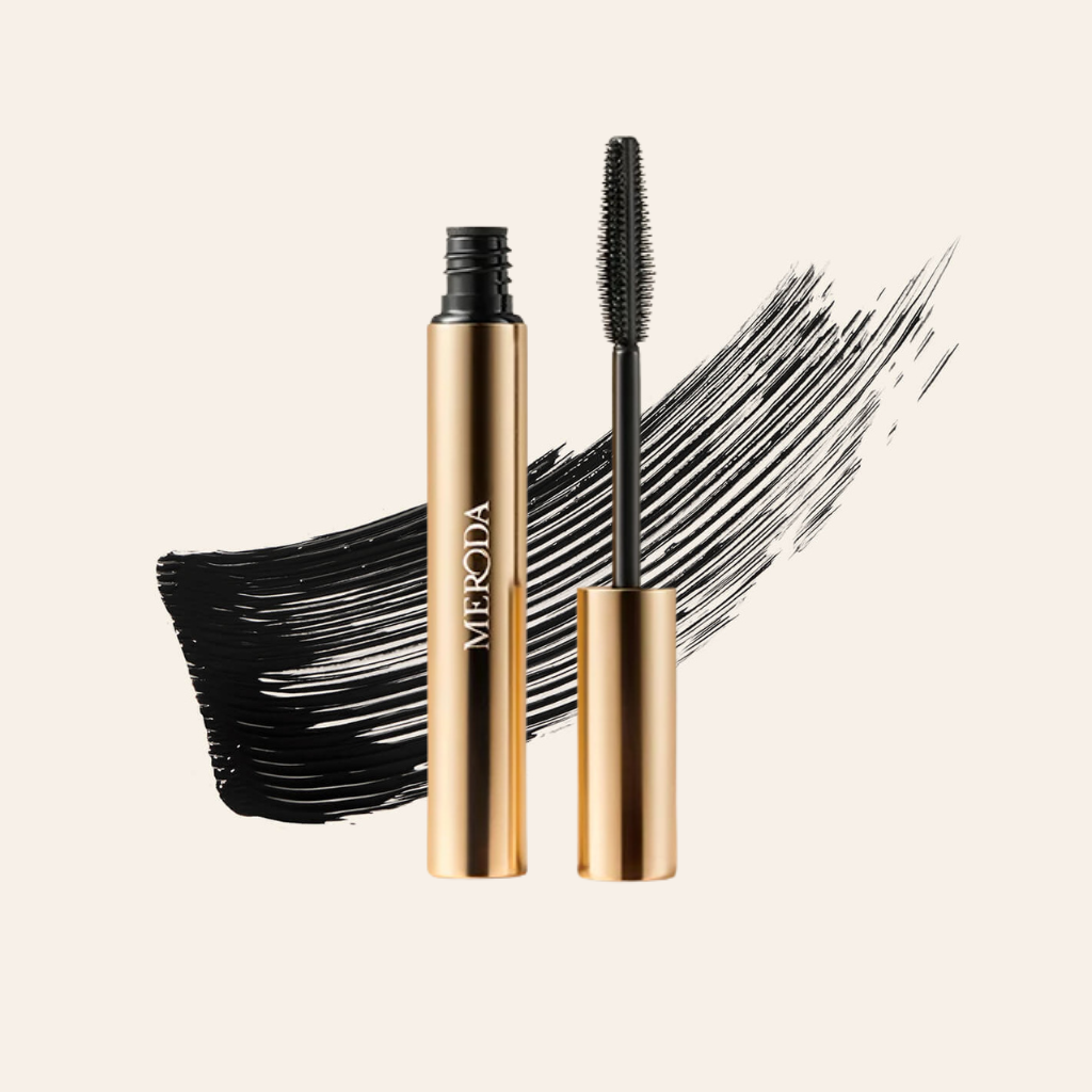 Gilded Lashes Mascara gold tube and wand with a black texture swatch for lengthening and volumising.