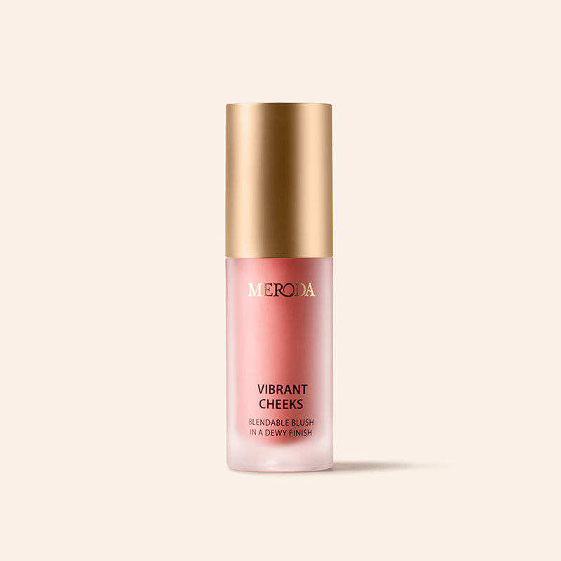 Vibrant Cheeks Liquid Blush in Dusty Rose, a gold-capped frosted bottle on a minimalist cream background.