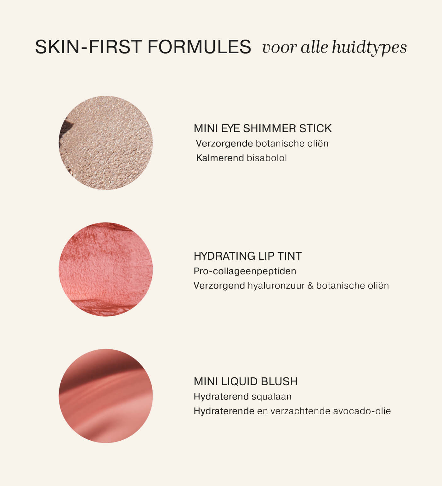 Soft Touch Trio ingredients graphic showing skin-first formulas with texture swatches for eyes, lips, and cheeks.