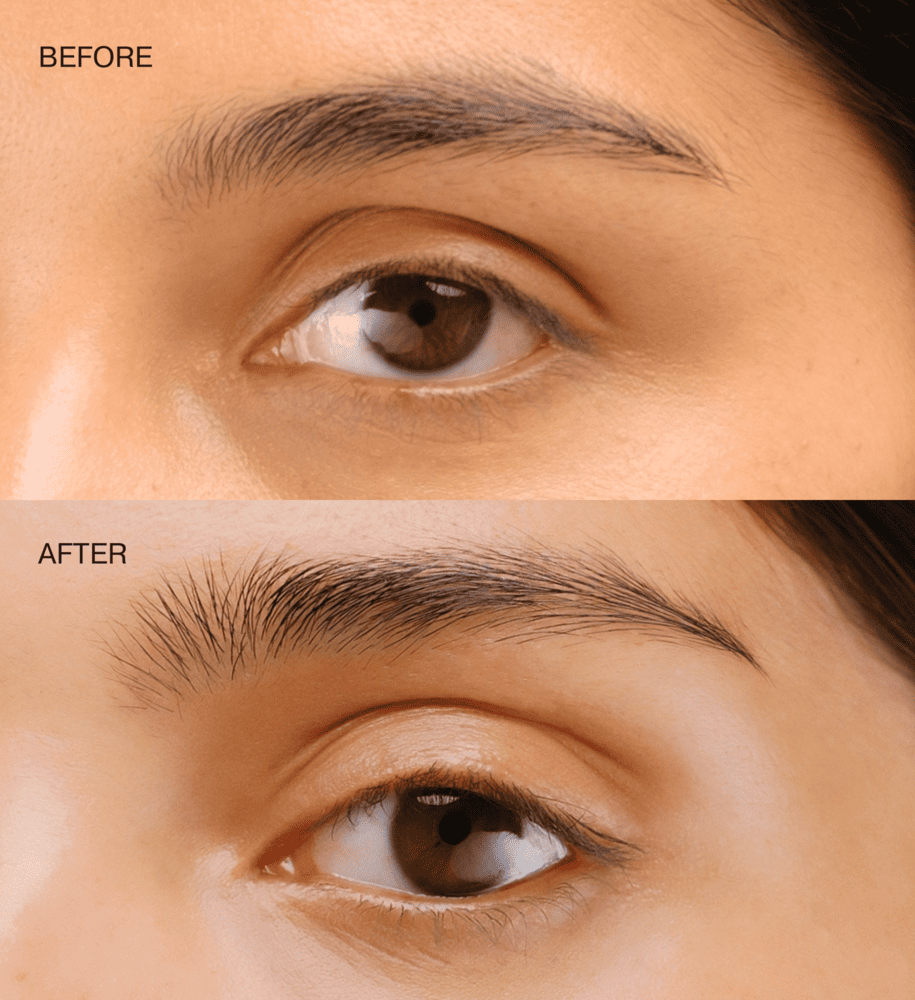 The Precision Brow Gel before and after comparison showing groomed and lifted eyebrows for a natural finish