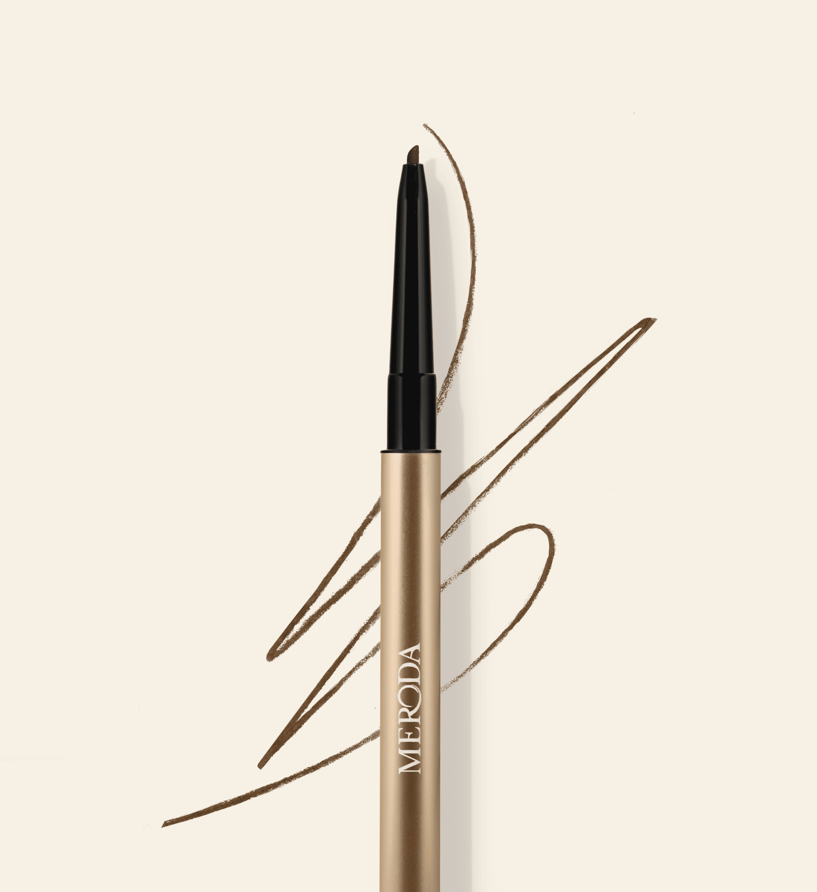 The Precision Brow Pencil in Cool Brown featuring an ultra-fine tip and a swirled pigment colour swatch.