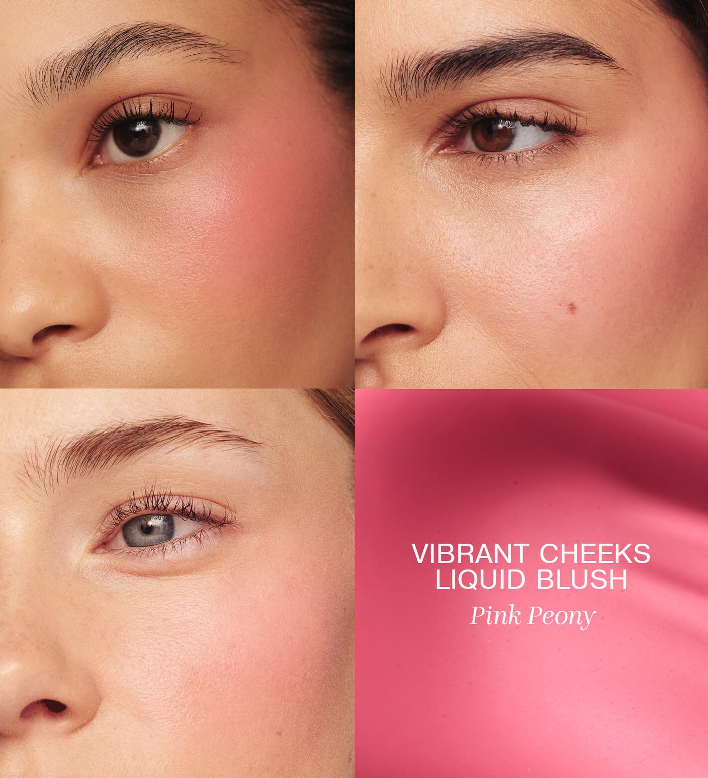Vibrant Cheeks Liquid Blush in Pink Peony applied to three models showing a radiant, dewy pink finish.