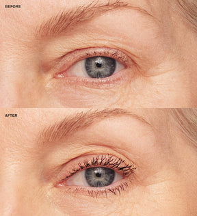 Gilded Lashes Mascara before and after comparison showing significantly lengthened and volumised lashes.