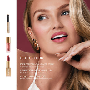 Get the Look featuring Eye Perfecting Shimmer Stick, Vibrant Cheeks Liquid Blush and Velvet Dream Lipstick applied on model.