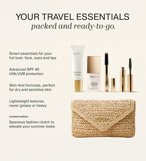 Summer Travel Icons bundle featuring Daily Face SPF 40, Changing Foundation, Hydrating Lip Tint, Mini Gilded Lashes Mascara, and a woven straw clutch.