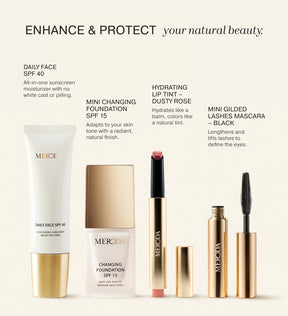 Summer Travel Icons set featuring Daily Face SPF 40, Changing Foundation, Dusty Rose Lip Tint and Gilded Lashes Mascara.